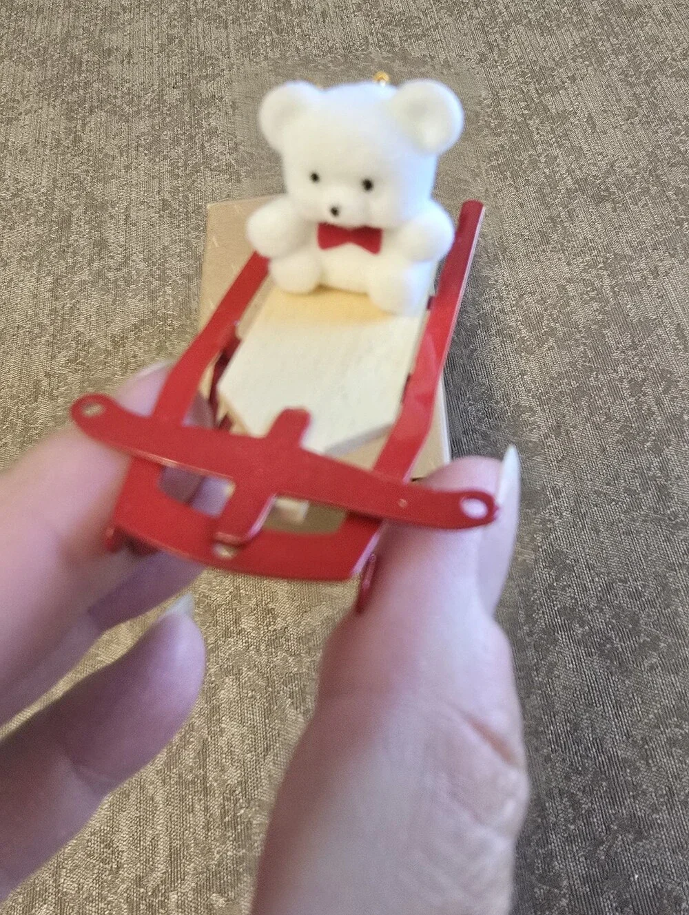 Vintage Avon Teddy on Sled Flocked Teddy Bear Collection Christmas Ornament